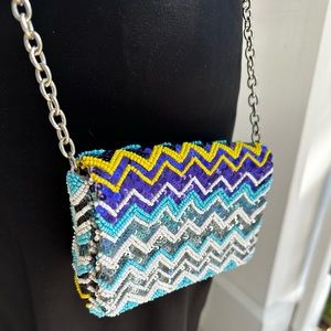 Calypso St Barth Beaded Crossbody/Clutch Chevron pattern. Silver chain. By Santi
